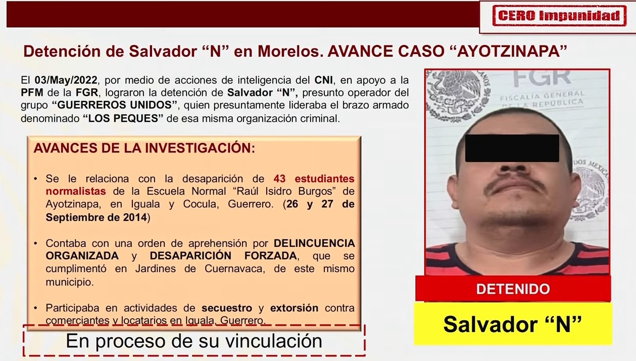 Ficha de uno de los detenidos en mayo de 2022 por el caso Ayotzinapa.