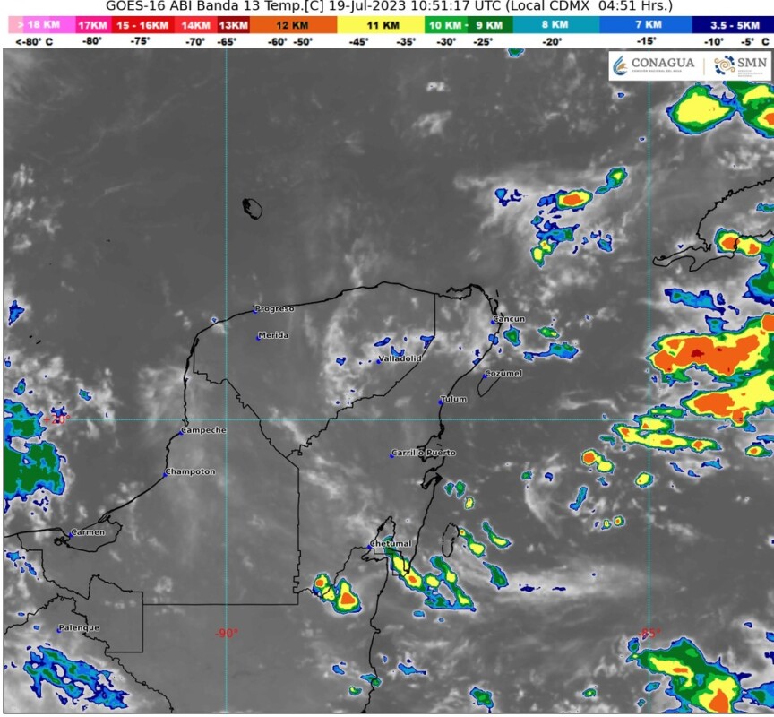 Pronóstico del clima para hoy miércoles 19 de julio 2023 en Quintana Roo; cielo medio nublado a nublado, con lluvias fuertes en el estado.