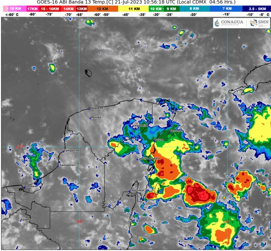 Pronóstico del clima para hoy viernes 21 de julio 2023 en Quintana Roo; cielo medio nublado a nublado con lluvias fuertes en la entidad.