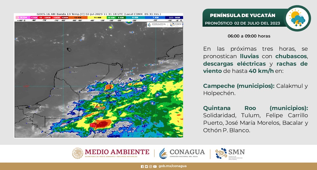 Pronóstico del clima para hoy domingo 2 de julio 2023 en Quintana Roo; cielo medio nublado con lluvias puntuales fuertes para la entidad,