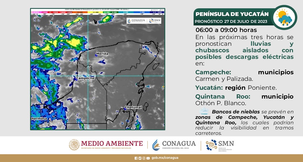 Pronóstico del clima para hoy jueves 27 de julio 2023 en Quintana Roo; cielo nublado por la tarde con intervalos de chubascos y descargas.