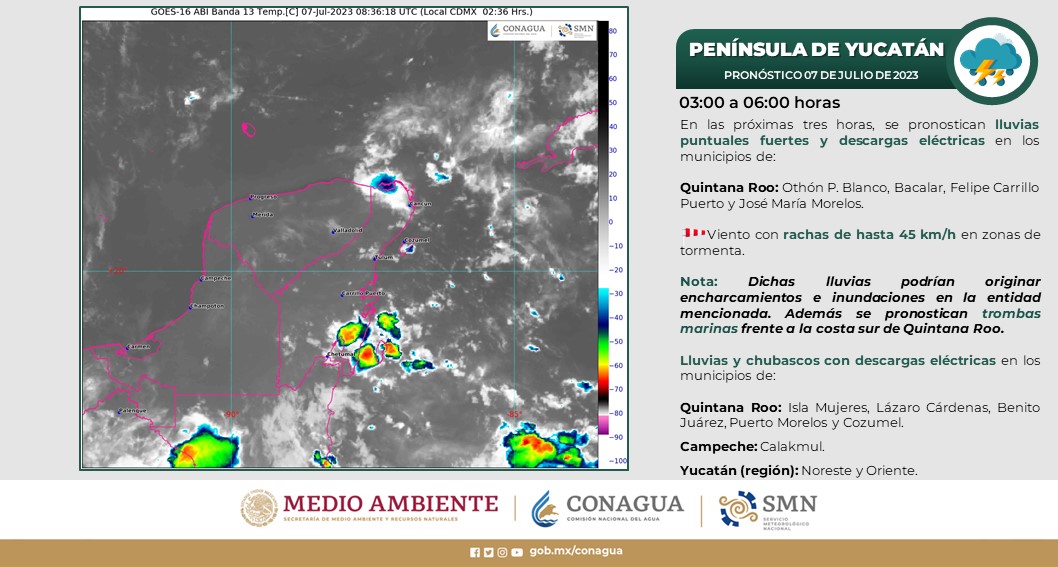 Pronóstico del clima para hoy viernes 7 de julio 2023 en Quintana Roo; cielo medio nublado con lluvia puntuales fuertes en la región.