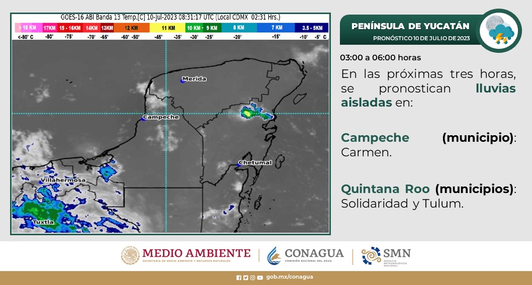 Pronóstico del clima para hoy lunes 10 de julio 2023 en Quintana Roo; se mantiene la afluencia de aire húmedo con probabilidad de chubascos.