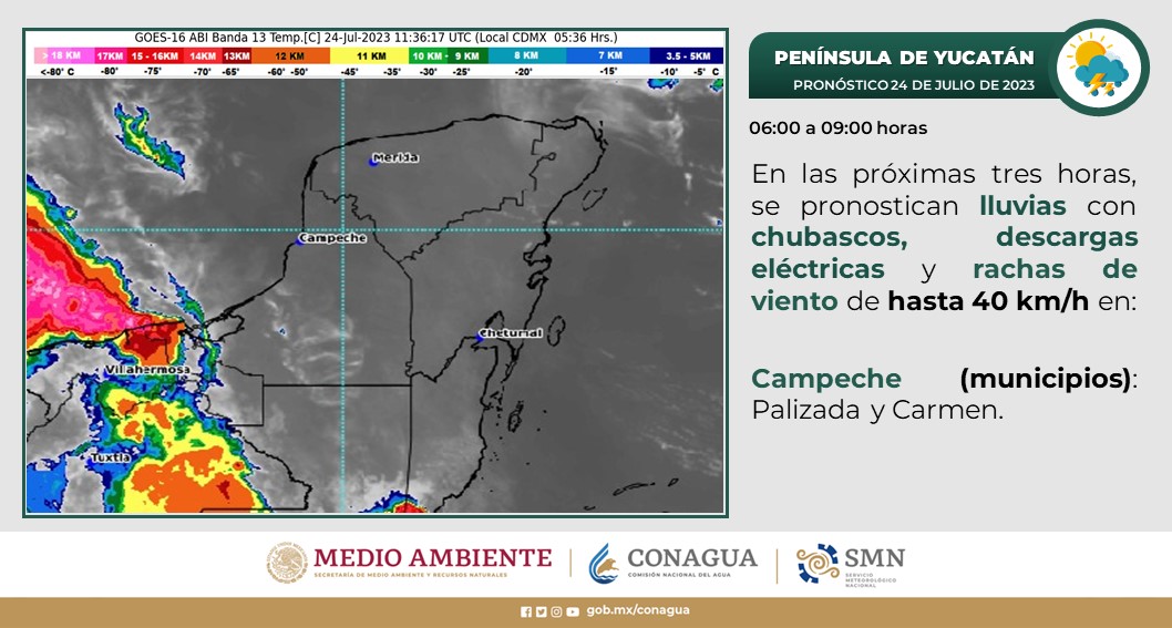Pronóstico del clima para hoy lunes 24 de julio 2023 en Quintana Roo; cielo medio nubado con lluvias aisladas y descargas eléctricas.