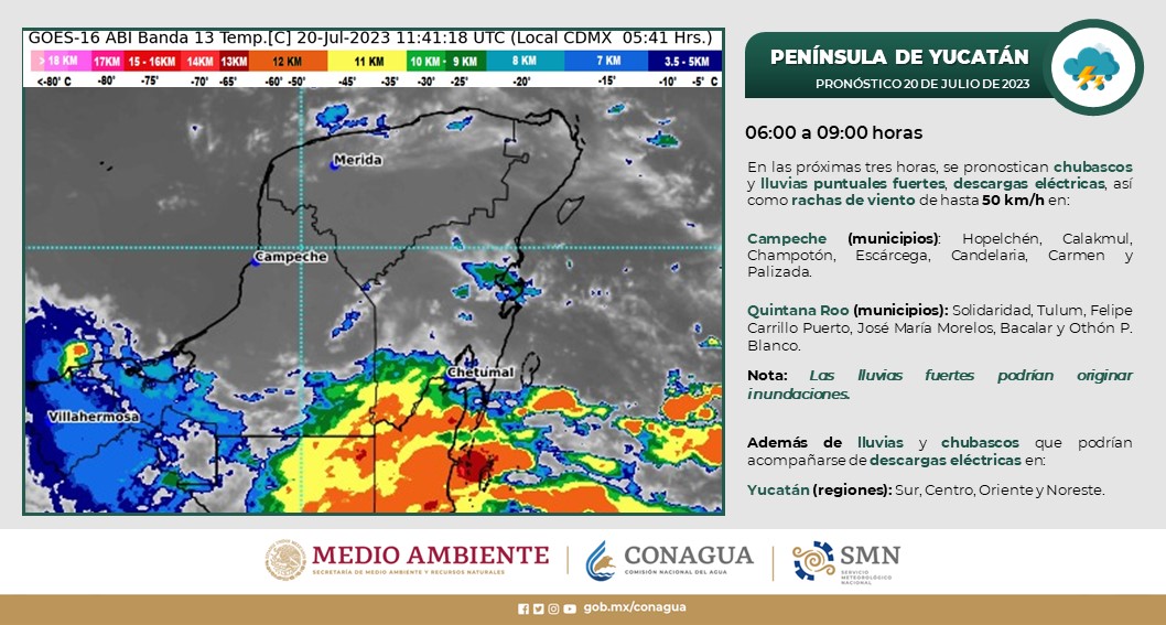 Pronóstico del clima para hoy jueves 20 de julio 2023 en Quintana Roo; cielo medio nublado con lluvias fuertes en la entidad.