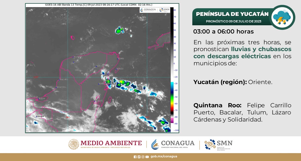 Pronóstico del clima para hoy domingo 9 de julio 2023 en Quintana Roo; cielo medio nublado con chubascos en Quintana Roo.