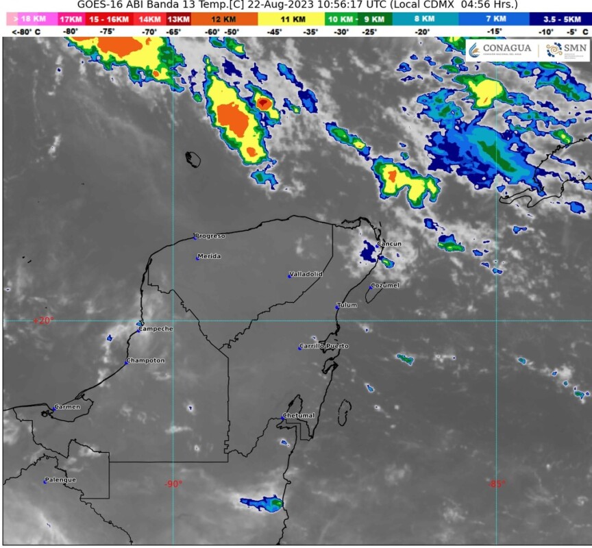 Pronóstico del clima para hoy martes 22 de agosto 2023 en Quintana Roo; cielo medio nublado durante el día, con lluvias puntuales fuertes en zonas de la entidad.