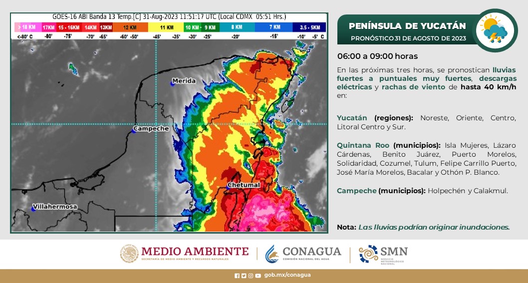 Pronóstico del clima para hoy jueves 31 de agosto 2023 en Quintana Roo; cielo medio nublado con lluvias puntuales fuertes y descargas eléctricas.
