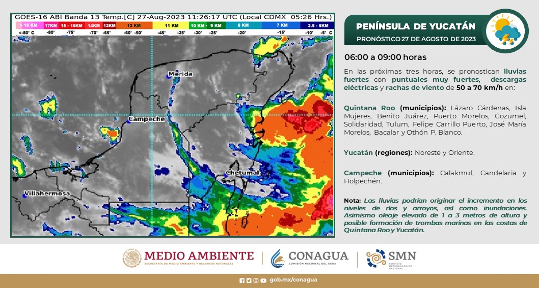 Clima para hoy domingo 27 de agosto 2023 en Quintana Roo; depresión tropical 10 ocasionará lluvias de intensas a torrenciales en la Península.