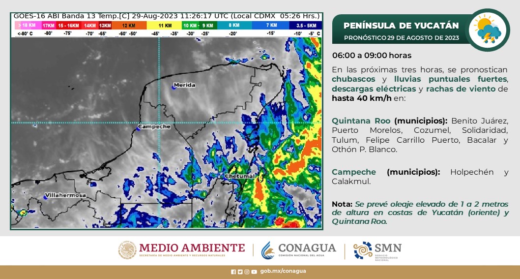 Pronóstico del clima para hoy martes 29 de agosto 2023 en Quintana Roo; cielo nublado la mayor parte del día, con lluvias fuertes.