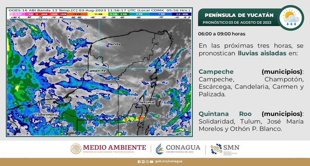 Pronóstico del clima para hoy jueves 3 de agosto 2023 en Quintana Roo; cielo medio nublado con lluvias puntales para la entidad.