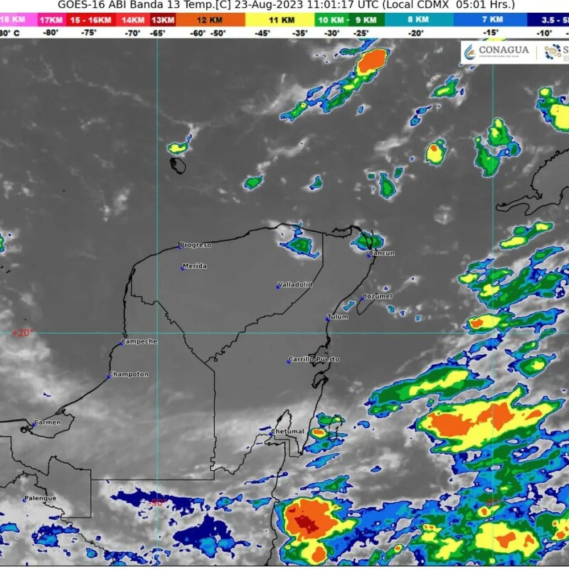 Pronóstico del clima para hoy miércoles 23 de agosto 2023 en Quintana Roo; cielo medio nublado a nublado con lluvias puntuales fuertes.