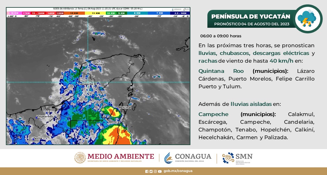 Pronóstico del clima para hoy viernes 4 de agosto 2023 en Quintana Roo; cielo medio nublado con lluvias fuertes y descargas eléctricas para la entidad.