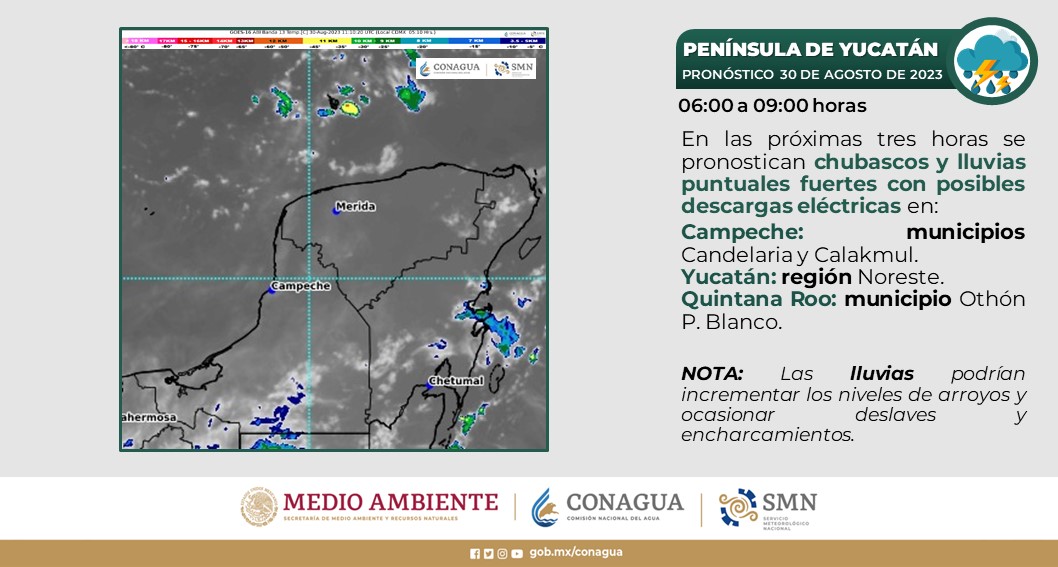 Pronóstico del clima para hoy miércoles 30 de agosto 2023 en Quintana Roo; cielo medio nublado con lluvias puntuales fuertes y descargas eléctricas.