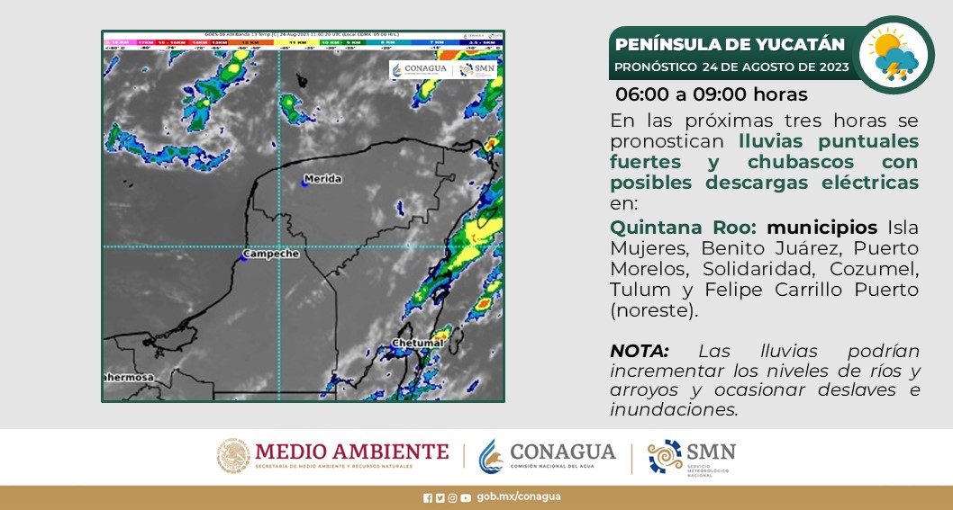Pronóstico del clima para hoy jueves 24 de agosto 2023 en Quintana Roo; cielo medio nublado con intervalos de chubascos y lluvias puntuales fuertes.