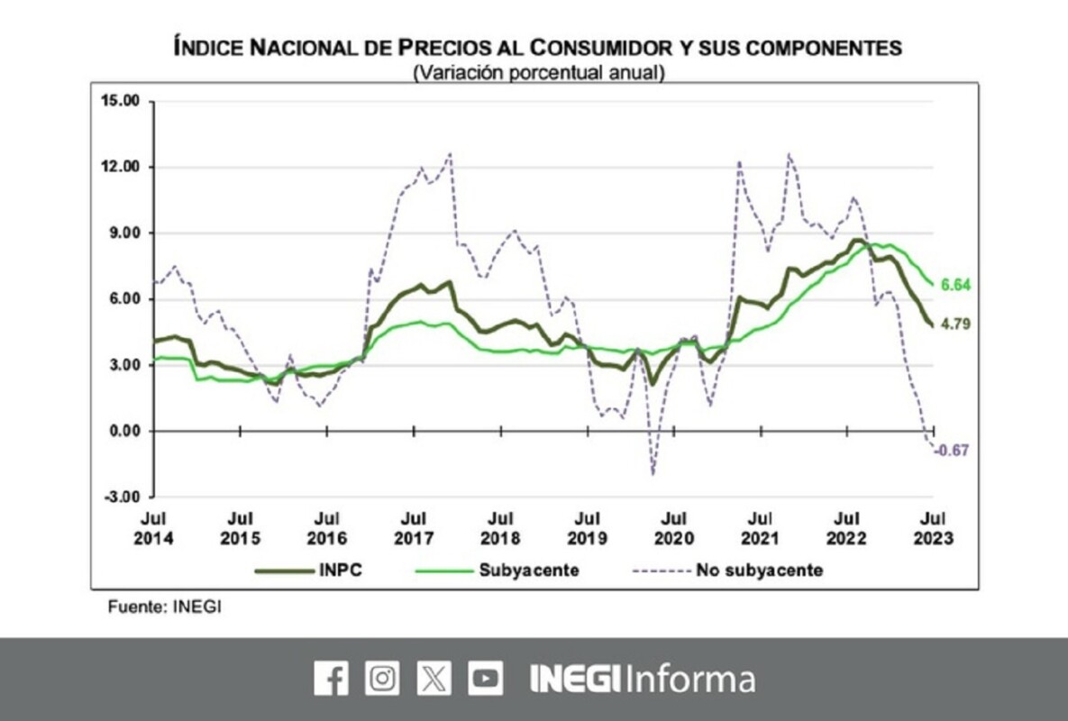 En comparación con junio, el INPC ascendió 0.48 por ciento en julio pasado, debido al aumento de precios que se registraron en productos agropecuarios, frutas y verduras, así como de educación, principalmente colegiaturas. Imagen tomada de Twitter @INEGI_INFORMA