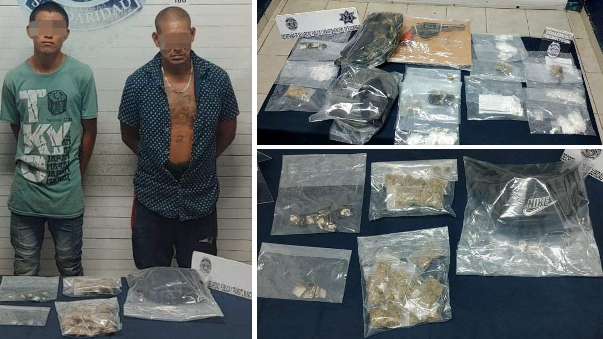 Detienen a seis narcomenudistas y aseguran 500 dosis en Playa del Carmen; entre lo decomisado se encuentra un arma de fuego.