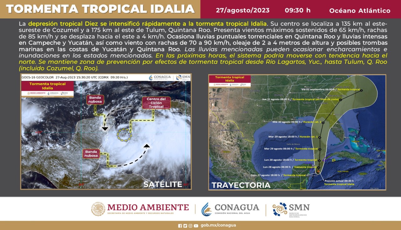 Se forma ‘Idalia’ frente a las costas de Quintana Roo; la ahora tormenta tropical ocasionará lluvias intensas en la Península de Yucatán.