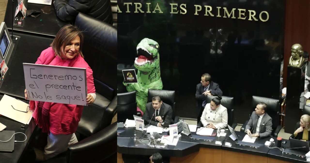Disfrazada con una botarga de dinosaurio la senadora panista haciendo gala de su nula sensatez se presentó ante el pleno del Senado de la República.