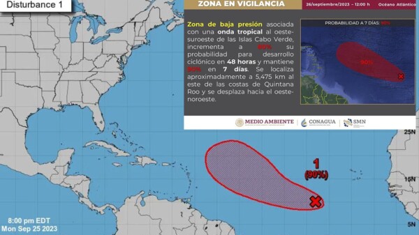 Incrementa peligrosidad zona de baja presión en el Atlántico