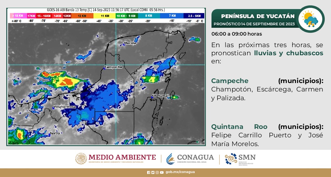Pronóstico del clima para hoy jueves 14 de septiembre 2023 en Quintana Roo; cielo medio nublado a nublado con chubascos en el estado.