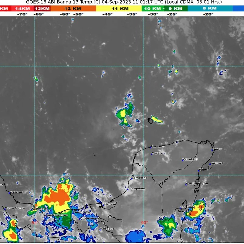 Pronóstico del clima para hoy lunes 4 de septiembre 2023 en Quintana Roo; cielo medio nublado a nublado durante el día, con lluvias puntuales.