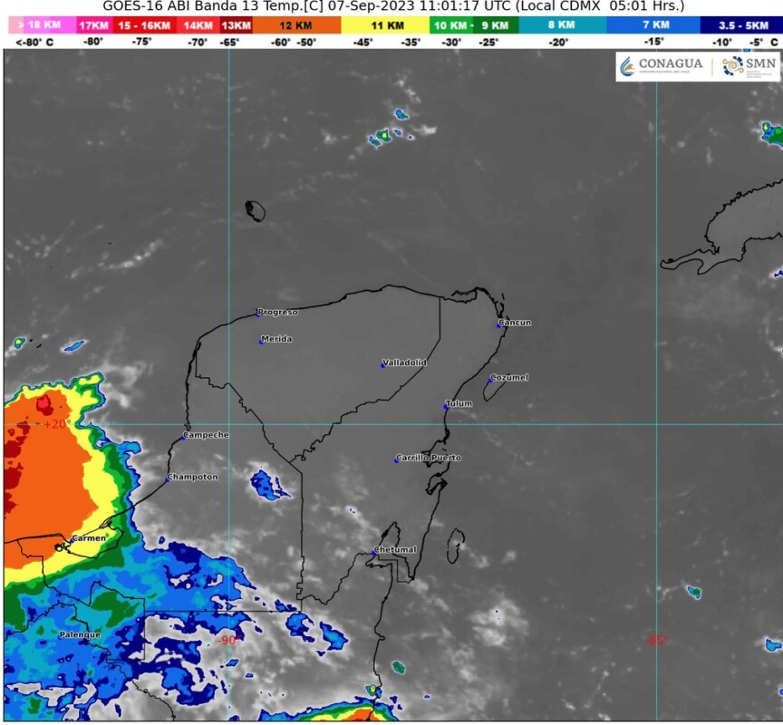 Pronóstico del clima para hoy jueves 7 de septiembre 2023 en Quintana Roo; cielo medio nublado a nublado durante el día, con lluvias muy fuertes.