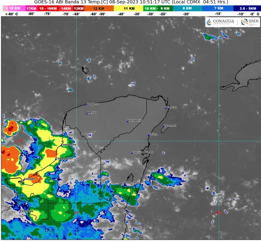 Pronóstico del clima para hoy viernes 8 de septiembre 2023 en Quintana Roo; Cielo medio nublado a nublado con lluvias muy fuertes en Campeche, Yucatán y la entidad.