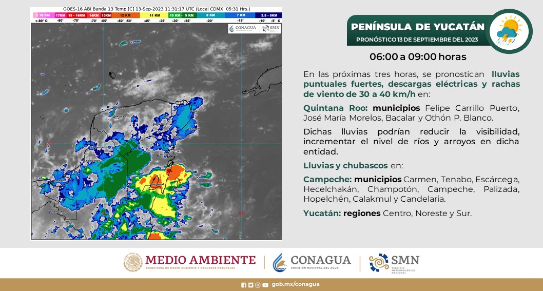 Pronóstico del clima para hoy miércoles 13 de septiembre 2023 en Quintana Roo; cielo medio nublado a nublado con posibilidad de chubascos.