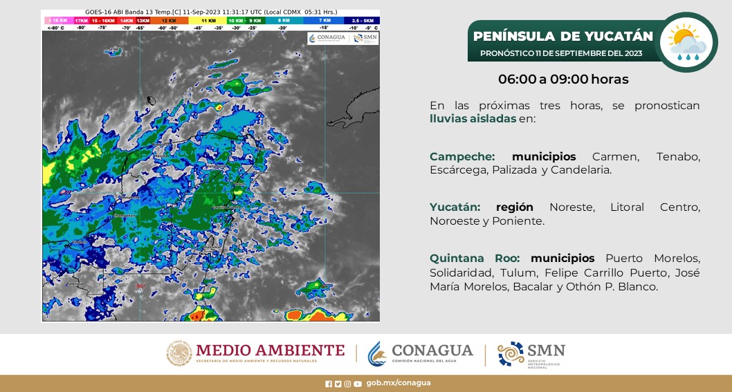 Pronóstico del clima para hoy lunes 11 de septiembre 2023 en Quintana Roo; cielo medio nublado a nublado durante el día, con lluvias puntuales fuertes.