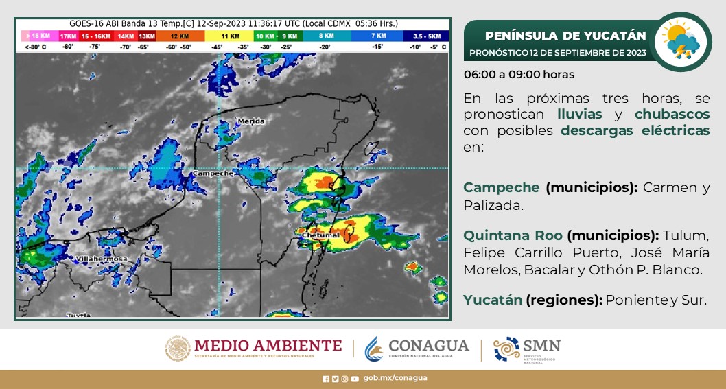 Pronóstico del clima para hoy martes 12 de septiembre 2023 en Quintana Roo; cielo medio nublado con lluvias matutinas en la entidad.
