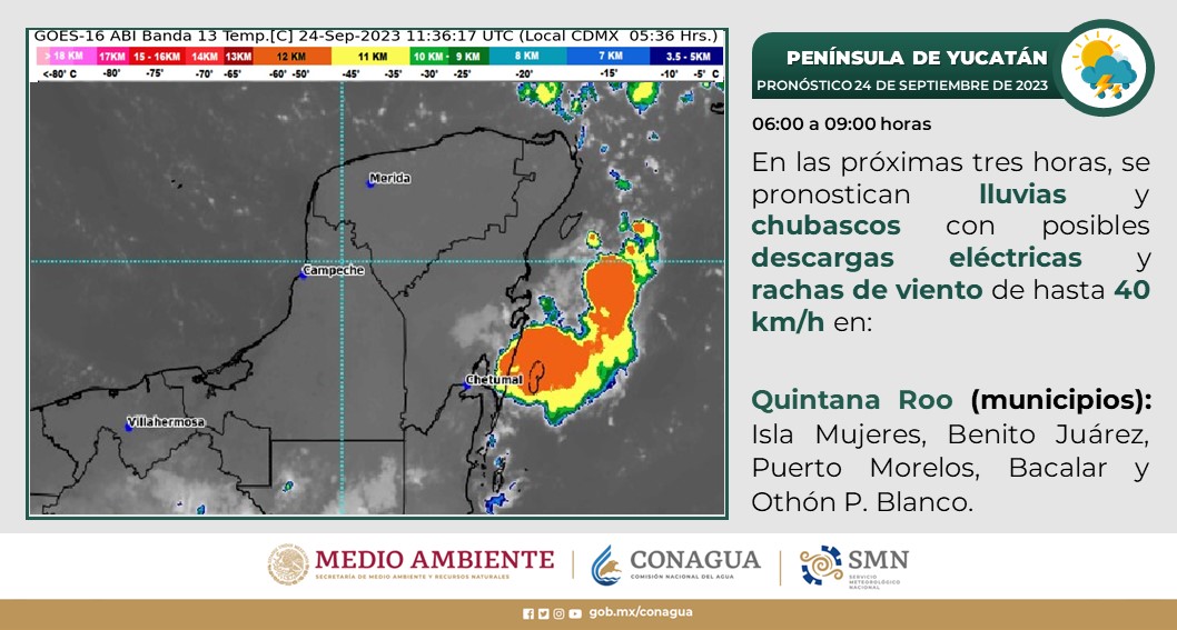 Pronóstico del clima para hoy domingo 24 de septiembre 2023 en Quintana Roo; cielo medio nublado en la mañana y nublado por la tarde, con lluvias fuertes.