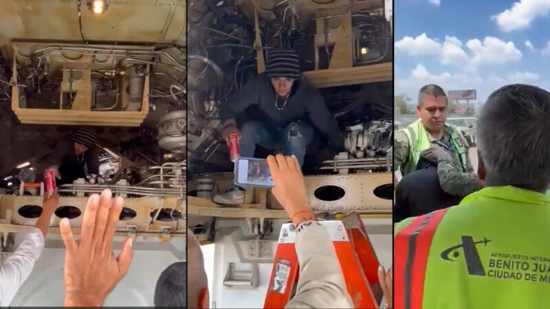 Hallan a un indigente en tren de aterrizaje de un avión en el AICM (VIDEO)