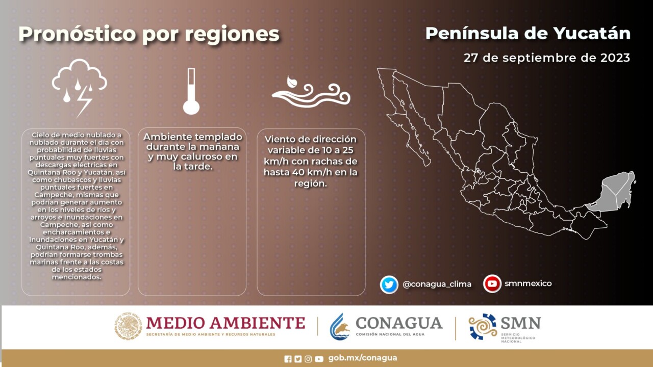 Pronóstico del clima para hoy miércoles 27 de septiembre 2023 en Quintana Roo; cielo medio nublado con probabilidad de lluvias muy fuertes.