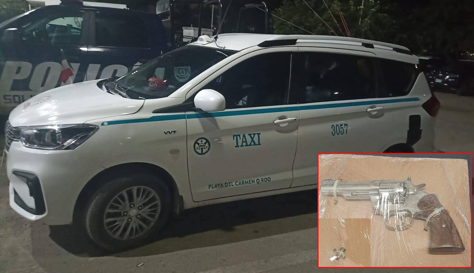 Detienen a dos taxistas pistoleros en Playa del Carmen; Abraham “N” y Ronni “N” fueron asegurados a bordo de la unidad 3057 con un arma de fuego.