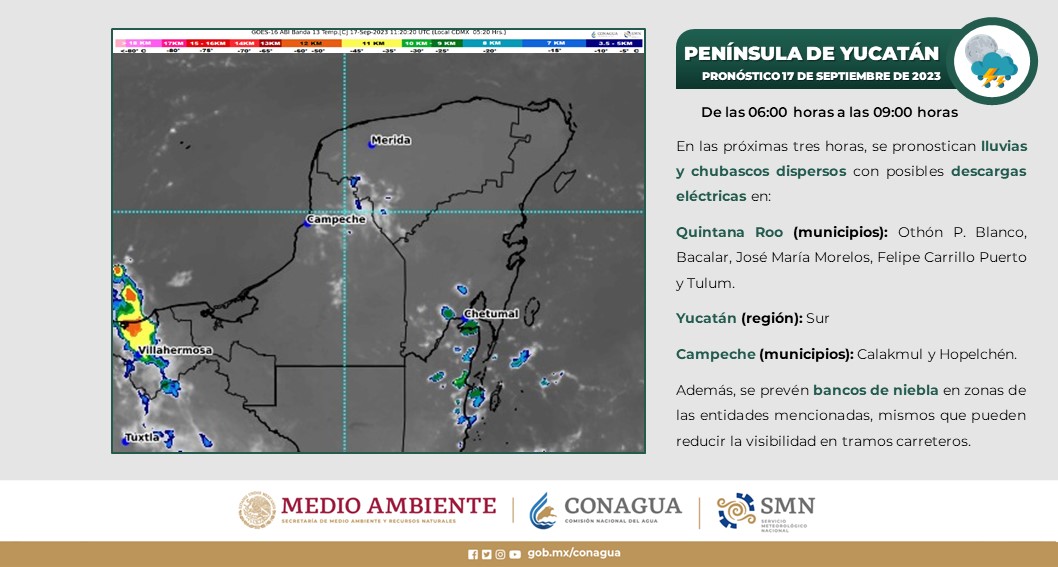 Pronóstico del clima para hoy domingo 17 de septiembre 2023 en Quintana Roo; cielo medio nublado a nublado con lluvias puntuales fuertes.