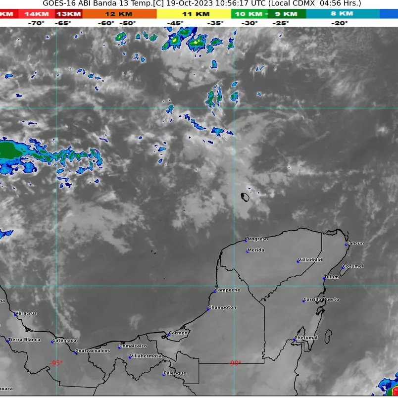 Pronóstico del clima para hoy jueves 19 de octubre 2023 en Quintana Roo; cielo medio nublado durante el día, sin lluvia en la región.