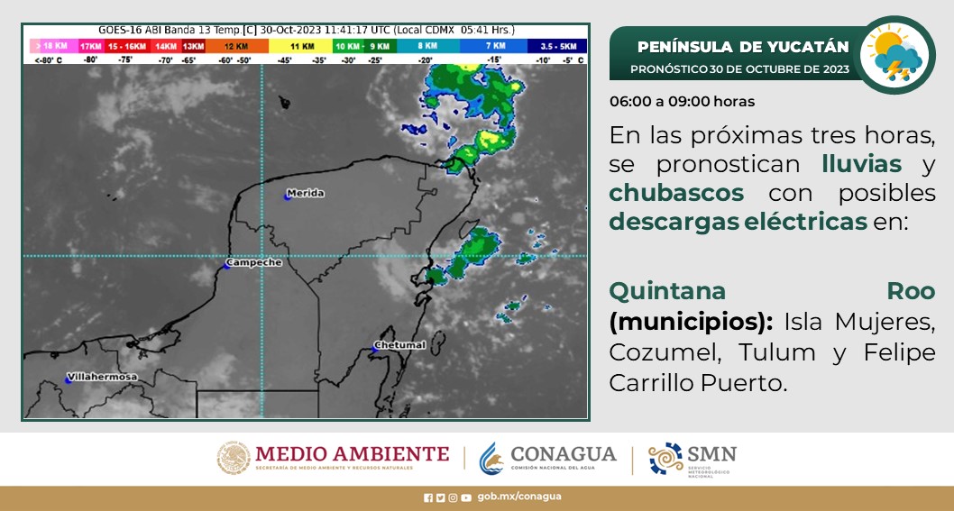 Pronóstico del clima para hoy lunes 30 de octubre 2023 en Quintana Roo; cielo medio nublado con lluvias puntuales muy fuertes en la entidad.