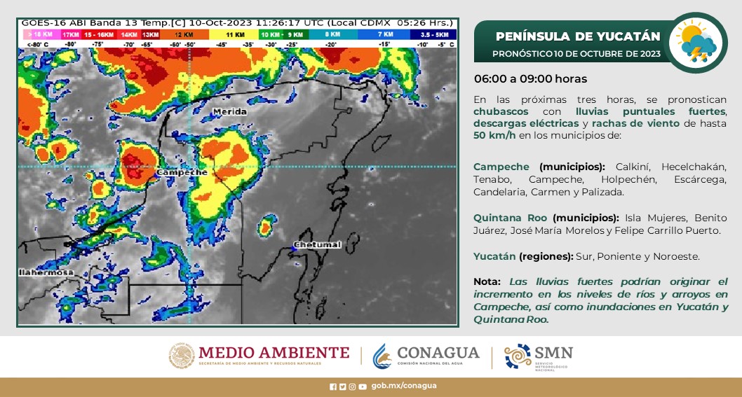 Pronóstico del clima para hoy martes 10 de octubre 2023 en Quintana Roo; cielo medio nublado a nublado durante el día; con lluvias puntuales fuertes.
