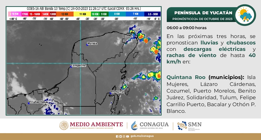 Pronóstico del clima para hoy martes 24 de octubre 2023 en Quintana Roo; cielo medio nublado con lluvias puntuales fuertes para el estado.