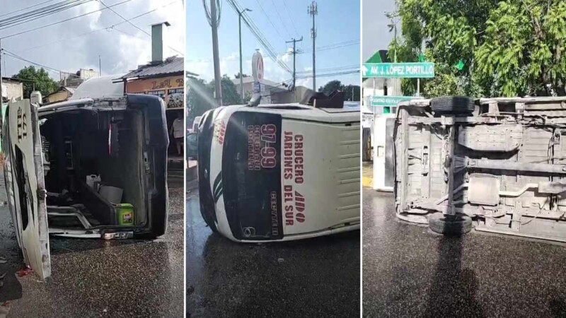 Al menos 10 lesionados al chocar y volcar una combi de TTE en Cancún.