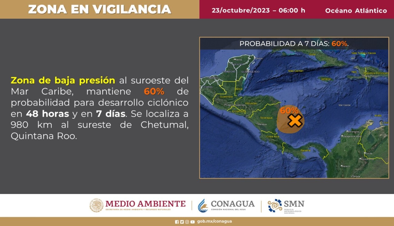 Clima: Vigilan formación de baja presión en el Mar Caribe; por el momento, el fenómeno se ubica a 980 km al sureste de Chetumal.