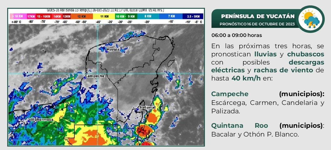 Pronóstico del clima para hoy lunes 16 de octubre 2023 en Quintana Roo; cielo medio nublado a nublado durante el día, con lluvias puntuales fuertes.
