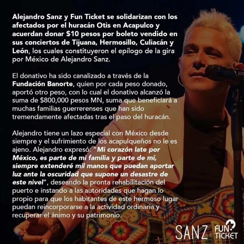 Alejandro Sanz dona 800 mil pesos para la recuperación de Acapulco