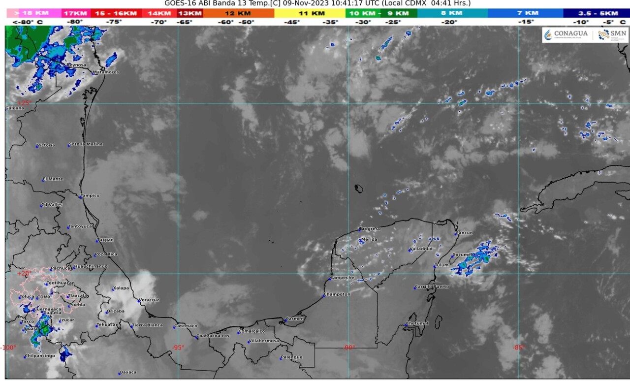 Pronóstico del clima para hoy jueves 9 de noviembre 2023 en Quintana Roo; cielo medio nublado a nublado y probabilidad de chubascos en el estado.