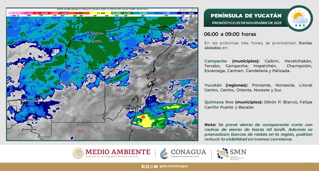 Pronóstico del clima para hoy miércoles 29 de noviembre 2023 en Quintana Roo; cielo parcialmente nublado con lluvias puntuales en Quintana Roo.