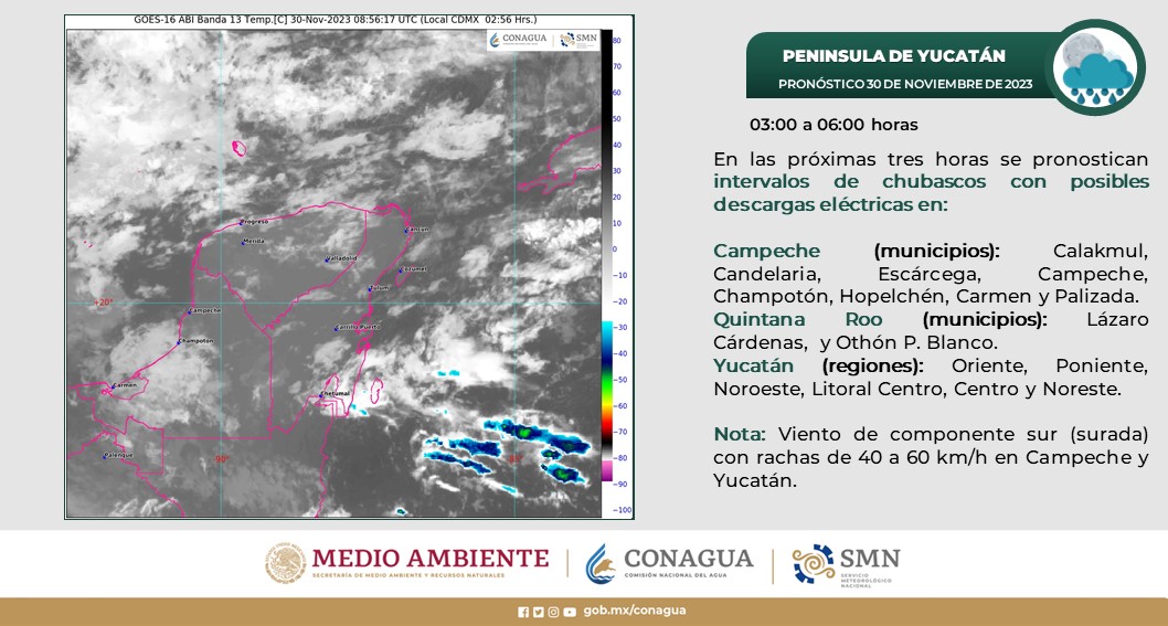 Pronóstico del clima para hoy miércoles 29 de noviembre 2023 en Quintana Roo; cielo medio nublado con lluvias puntuales fuertes en Quintana Roo.