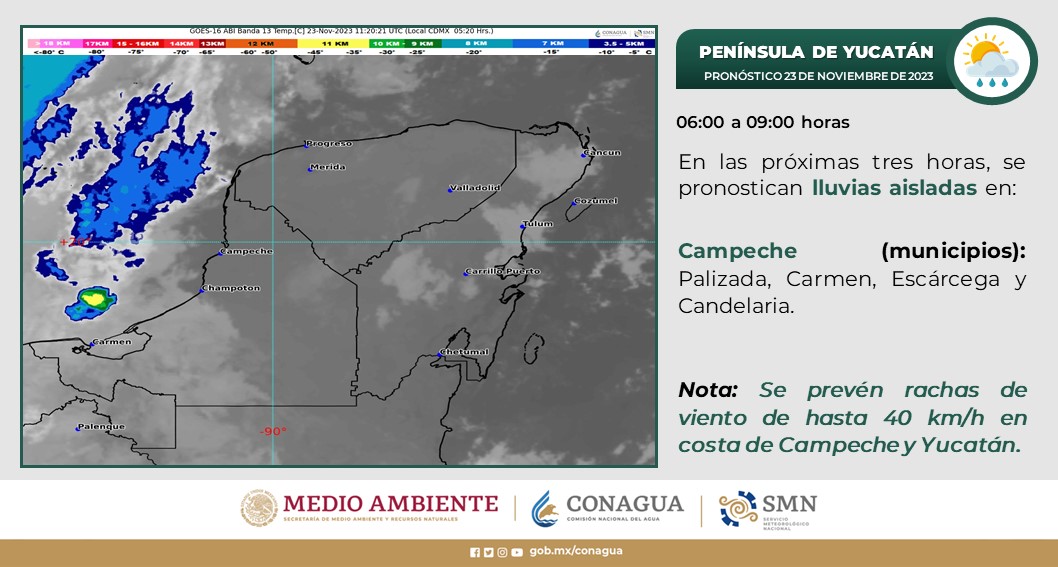 Pronóstico del clima para hoy jueves 23 de noviembre 2023 en Quintana Roo; cielo medio nublado a nublado con intervalos de chubascos en la región.