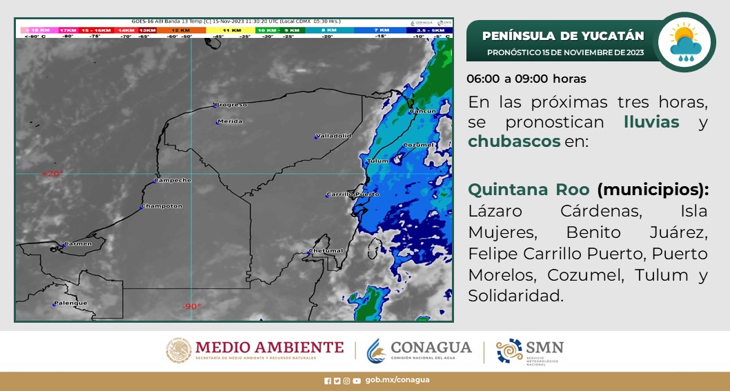 Pronóstico del clima para hoy miércoles 15 de noviembre 2023 en Quintana Roo; cielo medio nublado con lluvias puntuales muy fuertes en el estado.