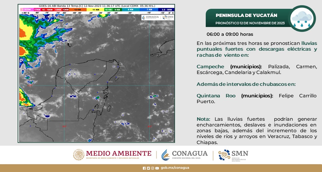 Pronóstico del clima para hoy domingo 12 de noviembre 2023 en Quintana Roo; cielo medio nublado a nublado y lluvias puntuales muy fuertes en el estado.